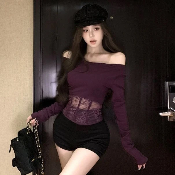 【码数以主播过的为主】美式辣妹斜肩长袖t恤女春季