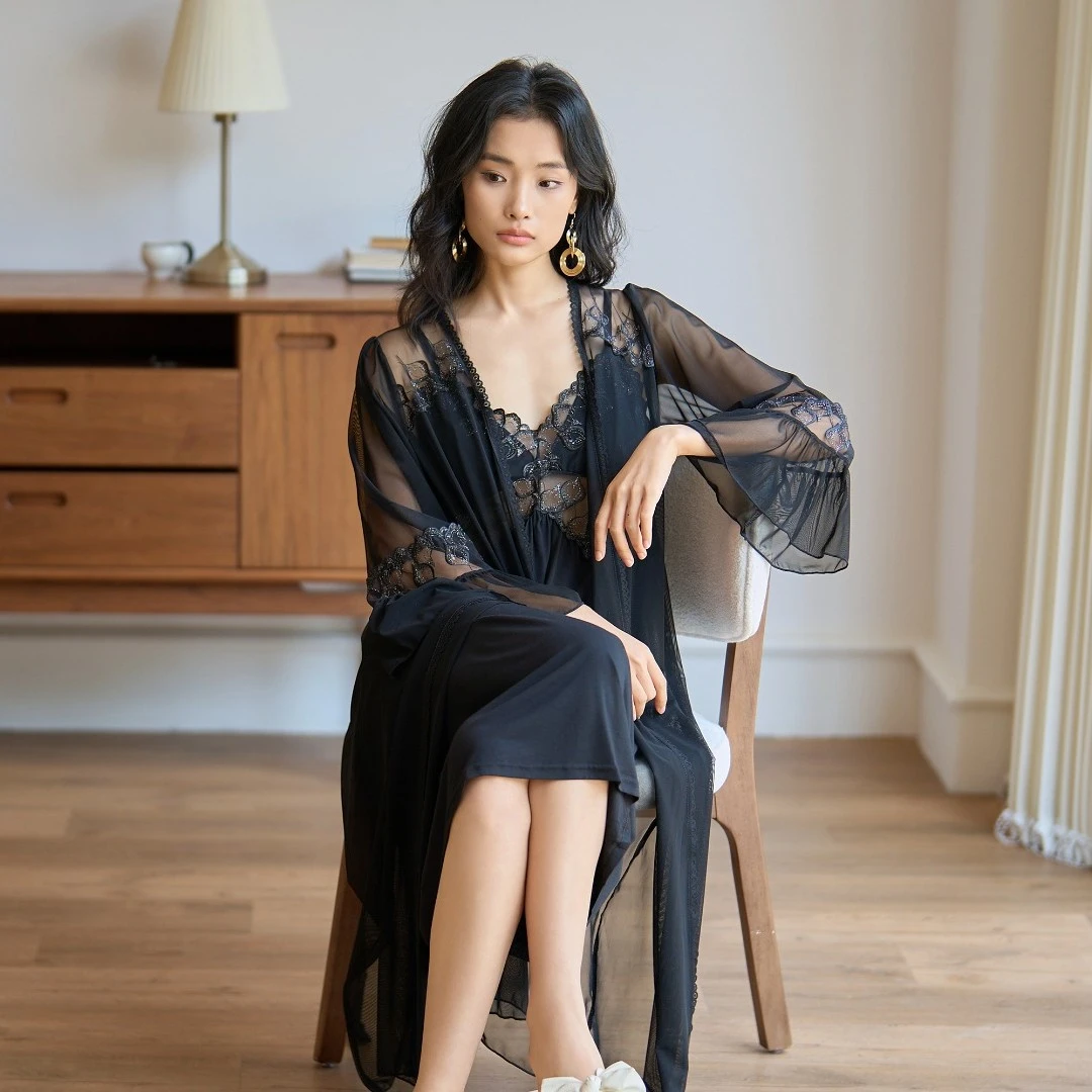 BD-A332带胸垫宫廷风蕾丝网纱性感吊带睡裙女春秋奢华舒适家居服