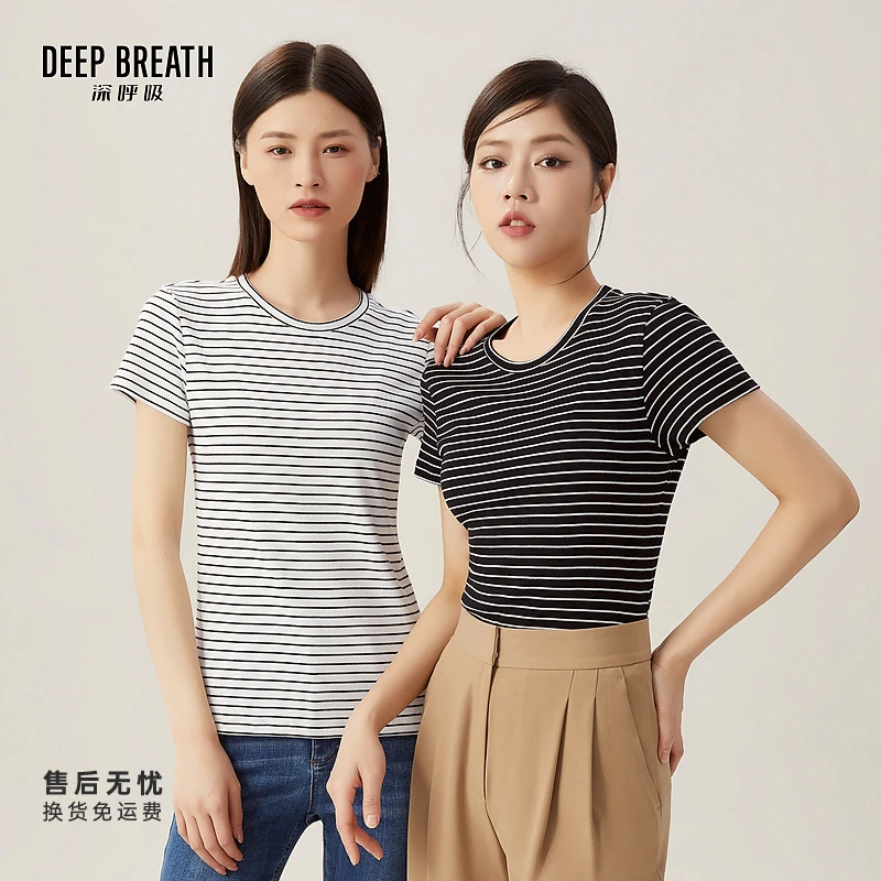 DEEP BREATH深呼吸女装新款时尚圆领学院风条纹短袖t恤A301158