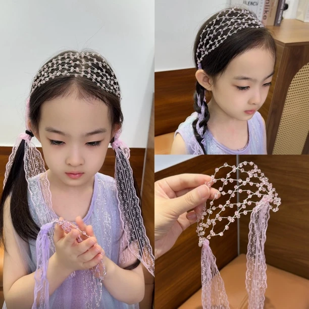 儿童手工串珠编织发箍蕾丝珍珠水晶发带可编发头箍女童洋气发饰
