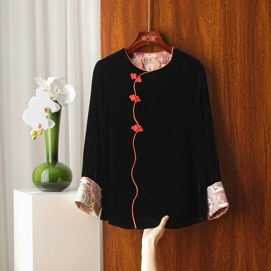 25早春新款新中式桑蚕丝真丝丝绒圆领长袖气质提花缎面衬衫