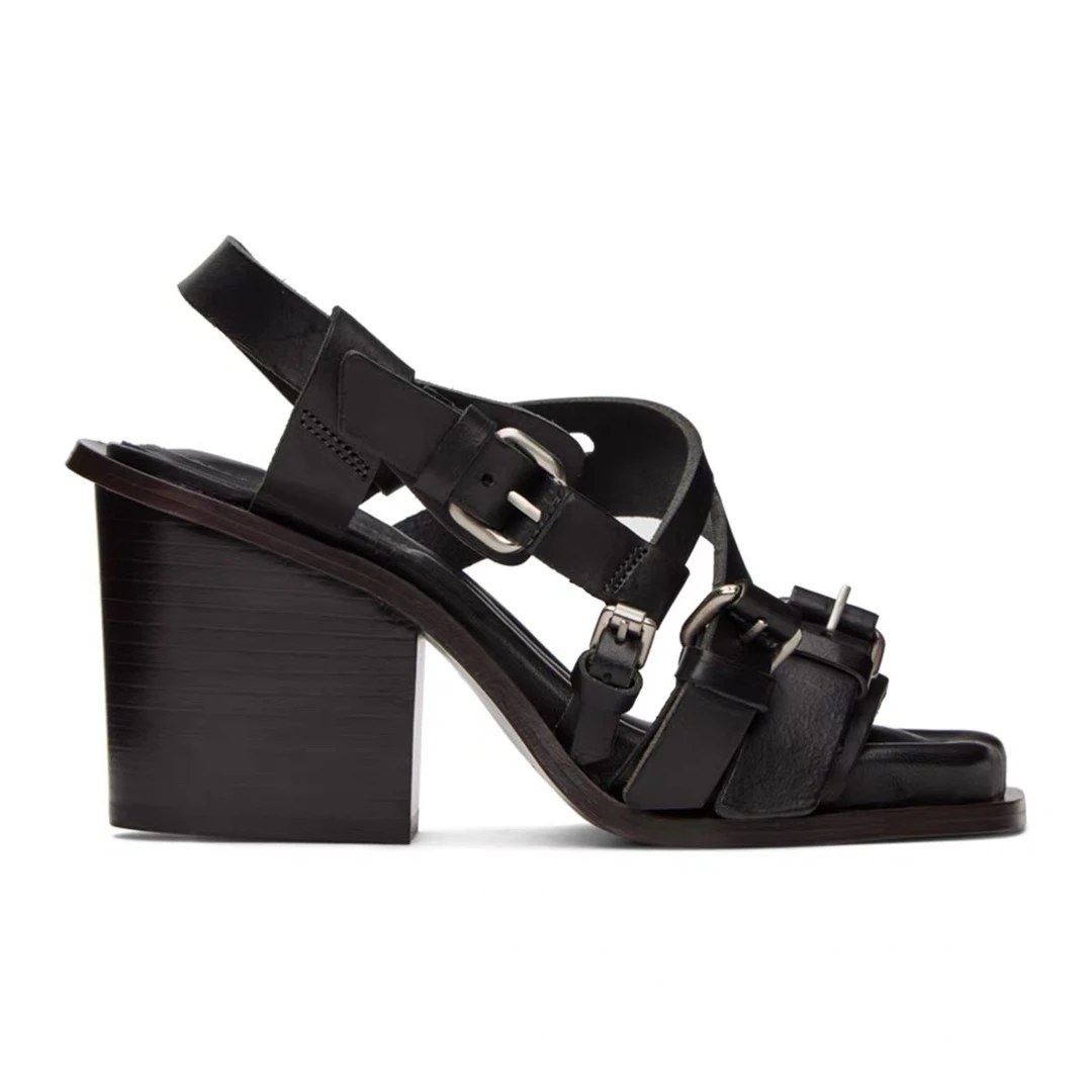 pomo高跟鞋子2024头层牛皮粗跟拖鞋一字扣带罗马凉鞋