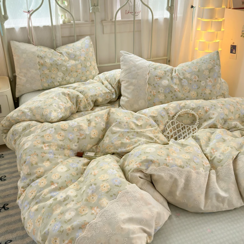 【晚悠】100%全棉四件套法式纯棉蕾丝花边被罩公主风小碎花床上用品