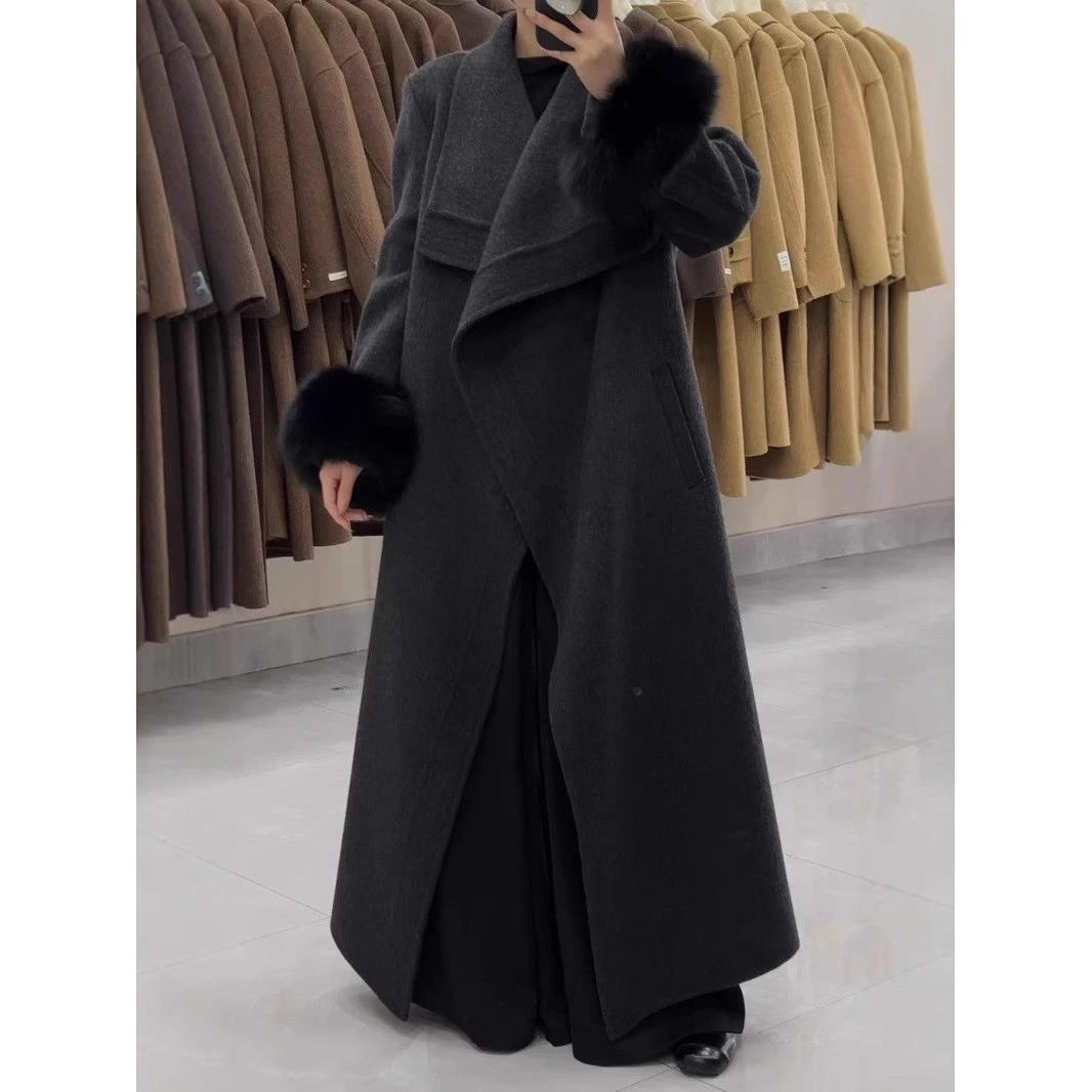 高级2025韩版双面毛呢大衣纹边时尚气质加长款宽松毛呢外套