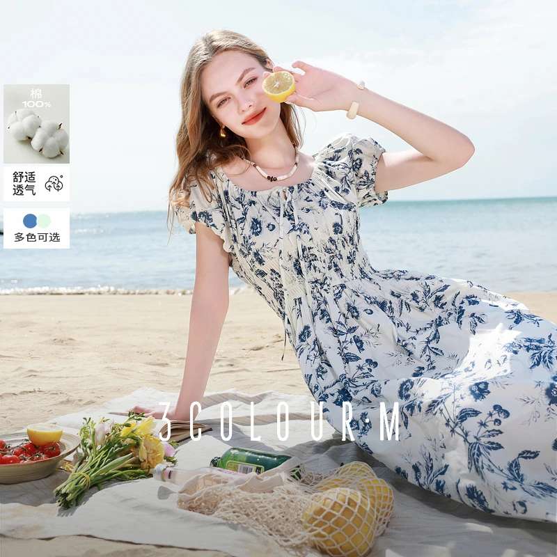 【大瑶专享】D402FM115L20三彩2025夏季新款纯棉连衣裙印花U领dbx
