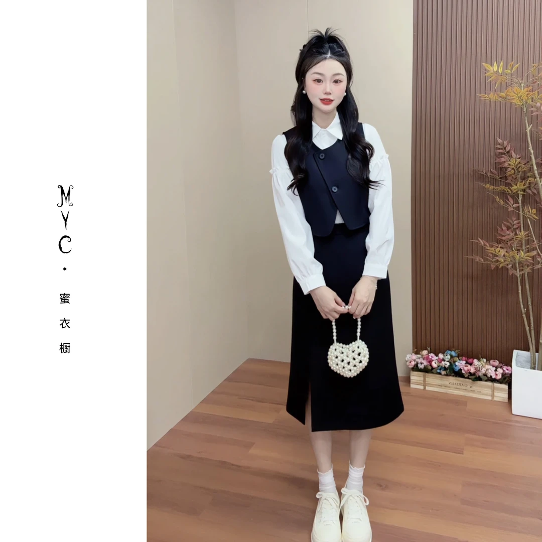 【叶子严选】2025秋季套装法式茶歇穿搭衬衫西装马甲半身裙三件套