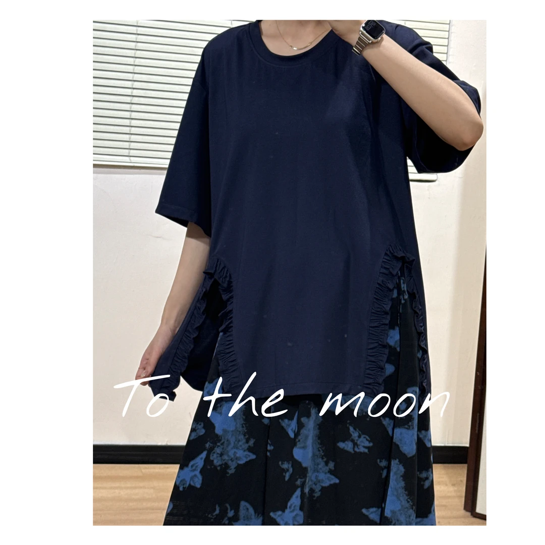 UpSd 原创【牙】藏青色开叉花边短袖T恤宽松圆领百搭设计款夏季短袖