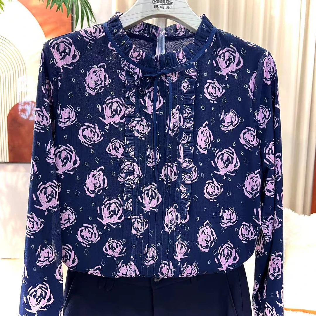 C6315碎花上衣长袖进口设计元素经典拉夫领套头小衫女2025春新款