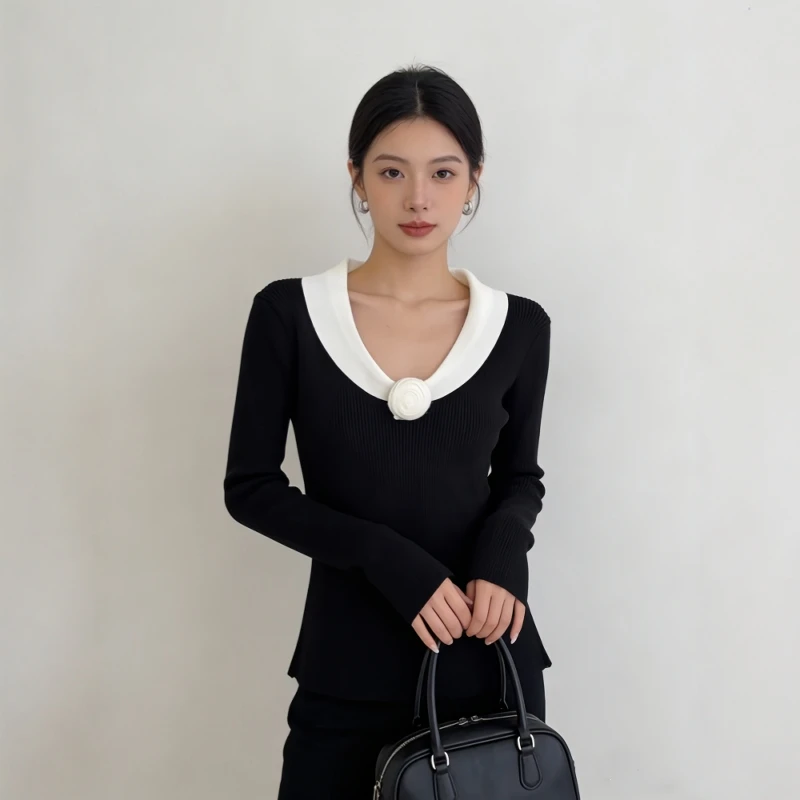 大码女装小香风针织衫毛衣秋冬新款微胖mm长袖内搭打底衫黑色上衣