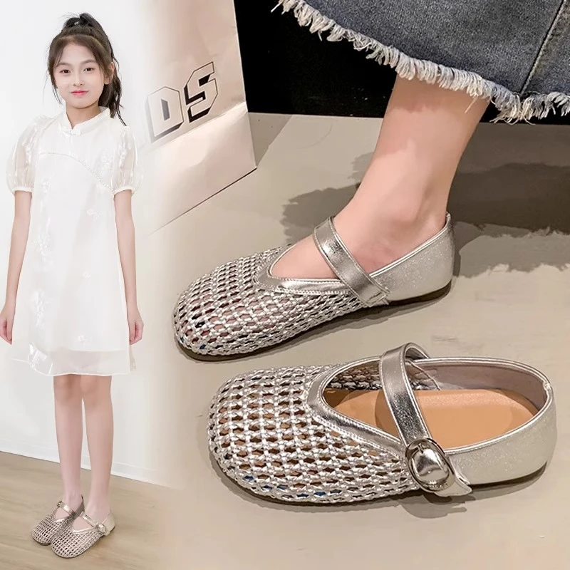 女童凉鞋2025新款夏季镂空透气公主单鞋女孩儿童沙滩洞洞鞋子银色