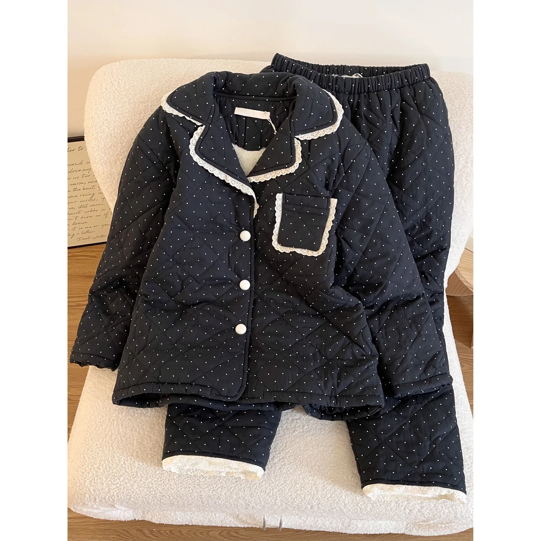 韩系慵懒风简约波点夹棉睡衣女秋冬季新款保暖休闲宽松家居服套装