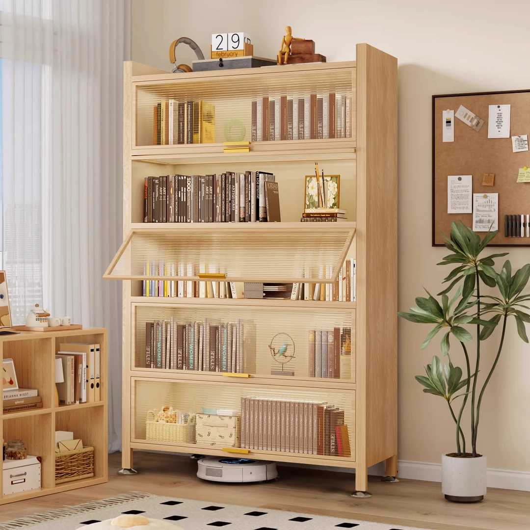 钢制书柜置物柜带门防尘木纹儿童书架落地家用多层展示储物收纳柜