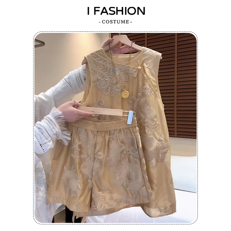 时尚高级感国风轻奢套装女2025年夏季无袖坎肩上衣高腰短裤两件套