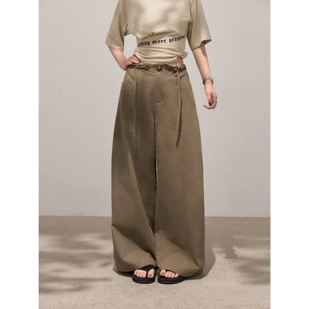 【谢不肉】绑带简约宽松遮肉直筒裤女夏韩版休闲百搭裤子50065