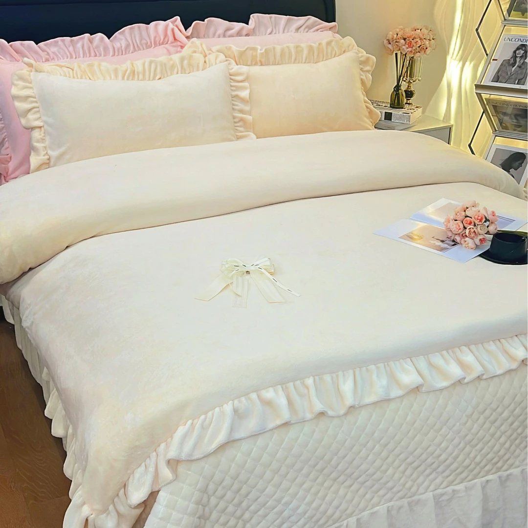 高级感韩版牛奶绒床盖款四件套简约纯色珊瑚绒柔软床品加厚保暖