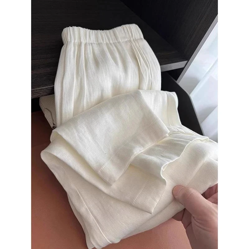 高级感宽松白色棉麻阔腿裤男夏季薄款高腰垂感裤子直筒亚麻休闲裤