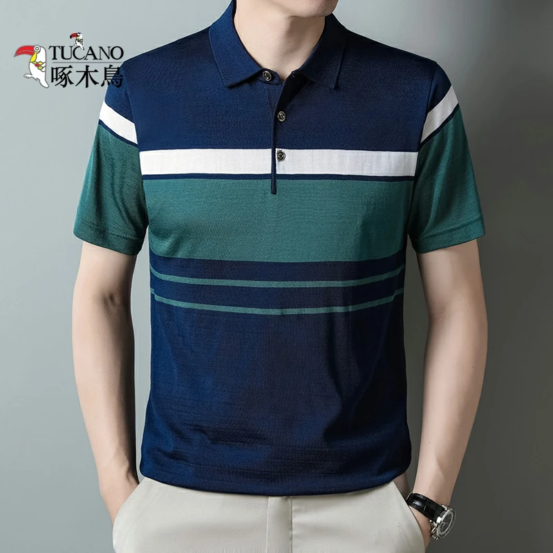 【啄木鸟/7A抗菌】夏季短袖t恤条纹中年中老年条纹休闲T恤风父亲节