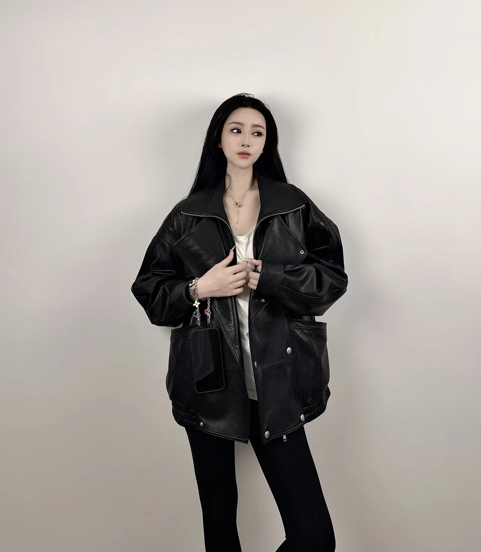 ANYI HN山羊皮美式机车皮衣复古夹克阔版真皮女时尚