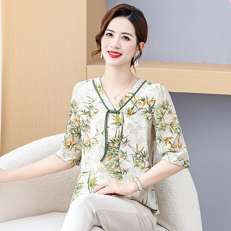 夏装衬衫短袖2024小碎花宽松夏季系带新款小衫中老年新中式女装