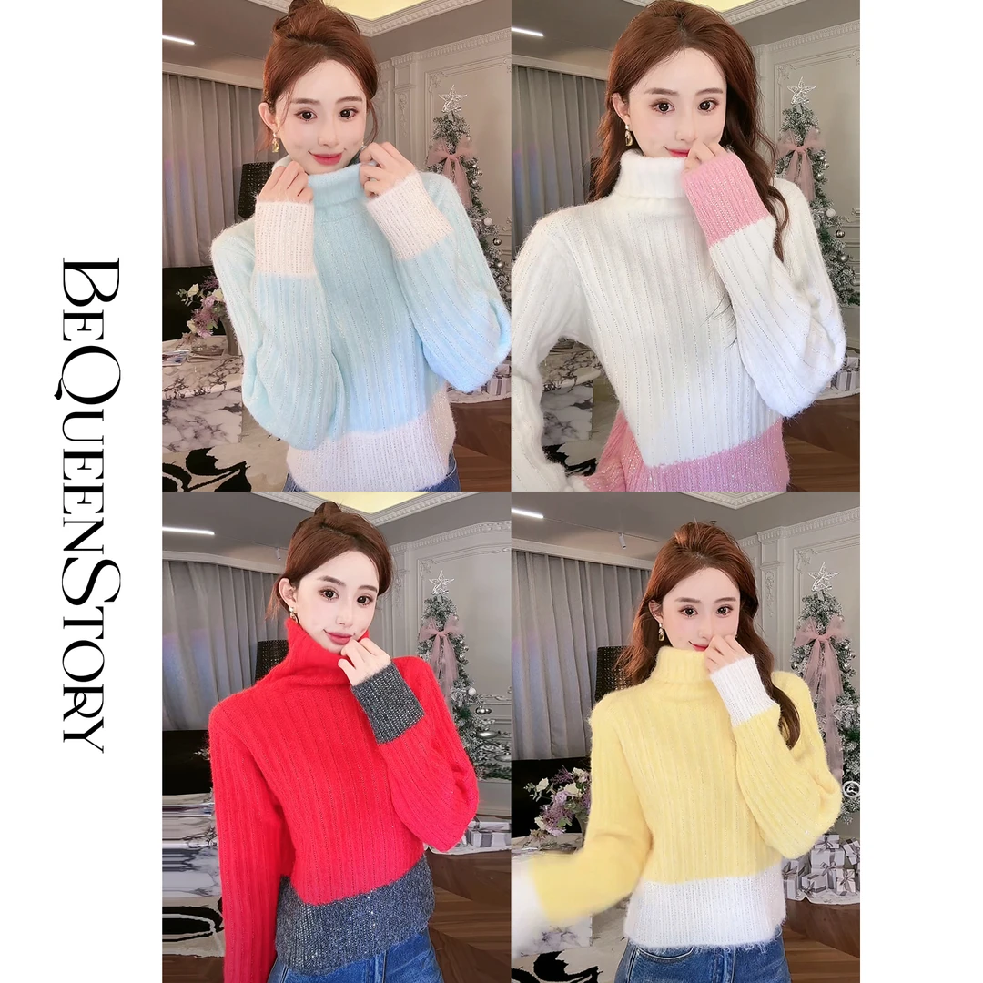 韩韩IU【元气冬日】高定羊毛混纺面料手工烫钻撞色高领女士秋冬毛衣