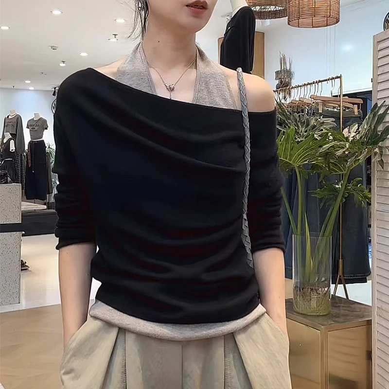 法式松弛感慵懒斜肩假两件挂脖背心2025时尚显瘦毛衣氛围感气质女