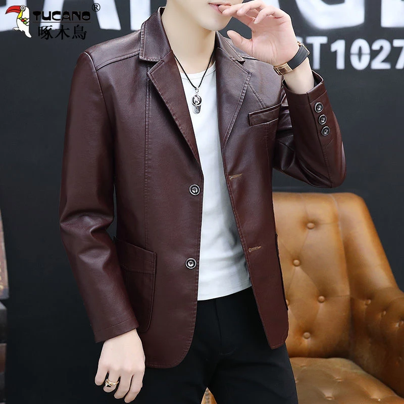 啄木鸟秋冬皮衣外套休闲中年爸爸皮夹克修身加绒西装上衣