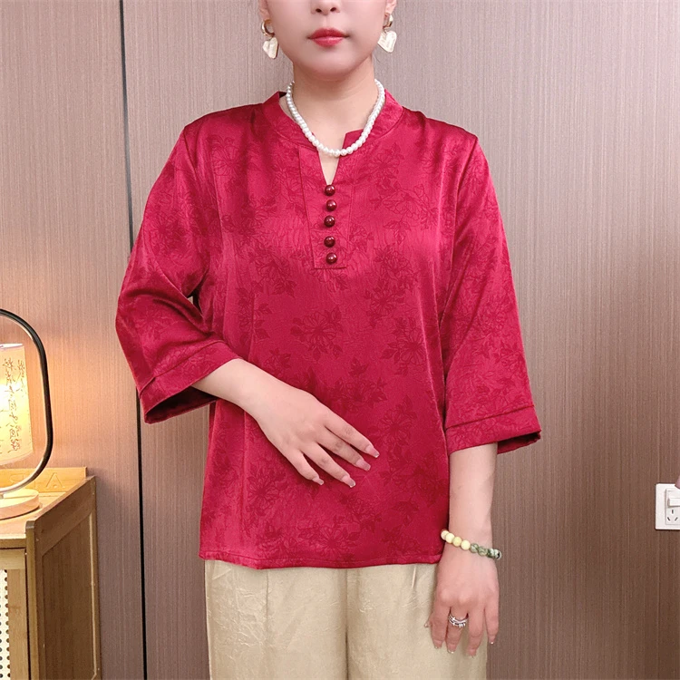 【牵牛花】夏季新款立领七分袖高端洋气显瘦休闲百搭气质妈妈装夏季