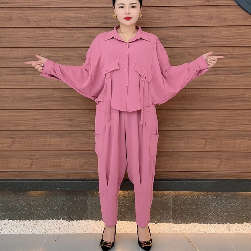 (906)2025年夏季新款水晶麻长袖飘带时尚洋气遮肉显瘦哈伦套装 女