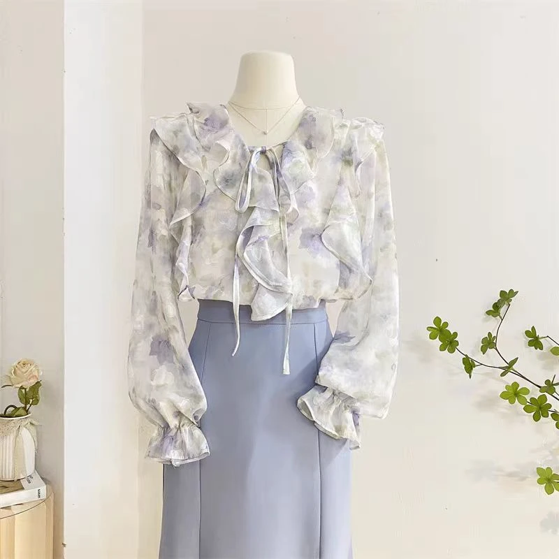 荷叶边碎花长袖雪纺衬衫女春季新款时尚气质设计感小众上衣【8216】