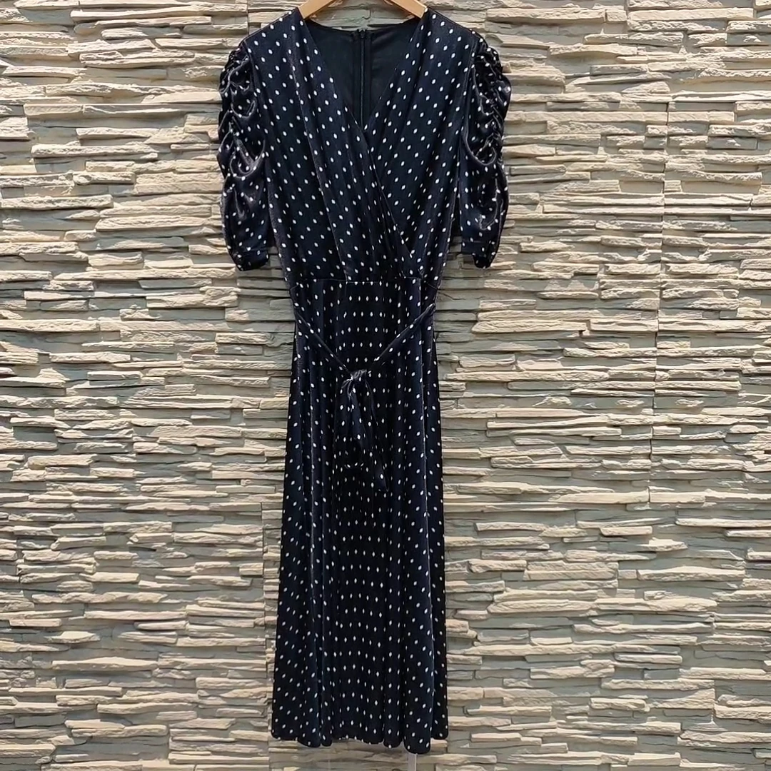 25n收腰长裙碎花显瘦气质时尚夏季黑色法式波点连衣裙（24L0606）