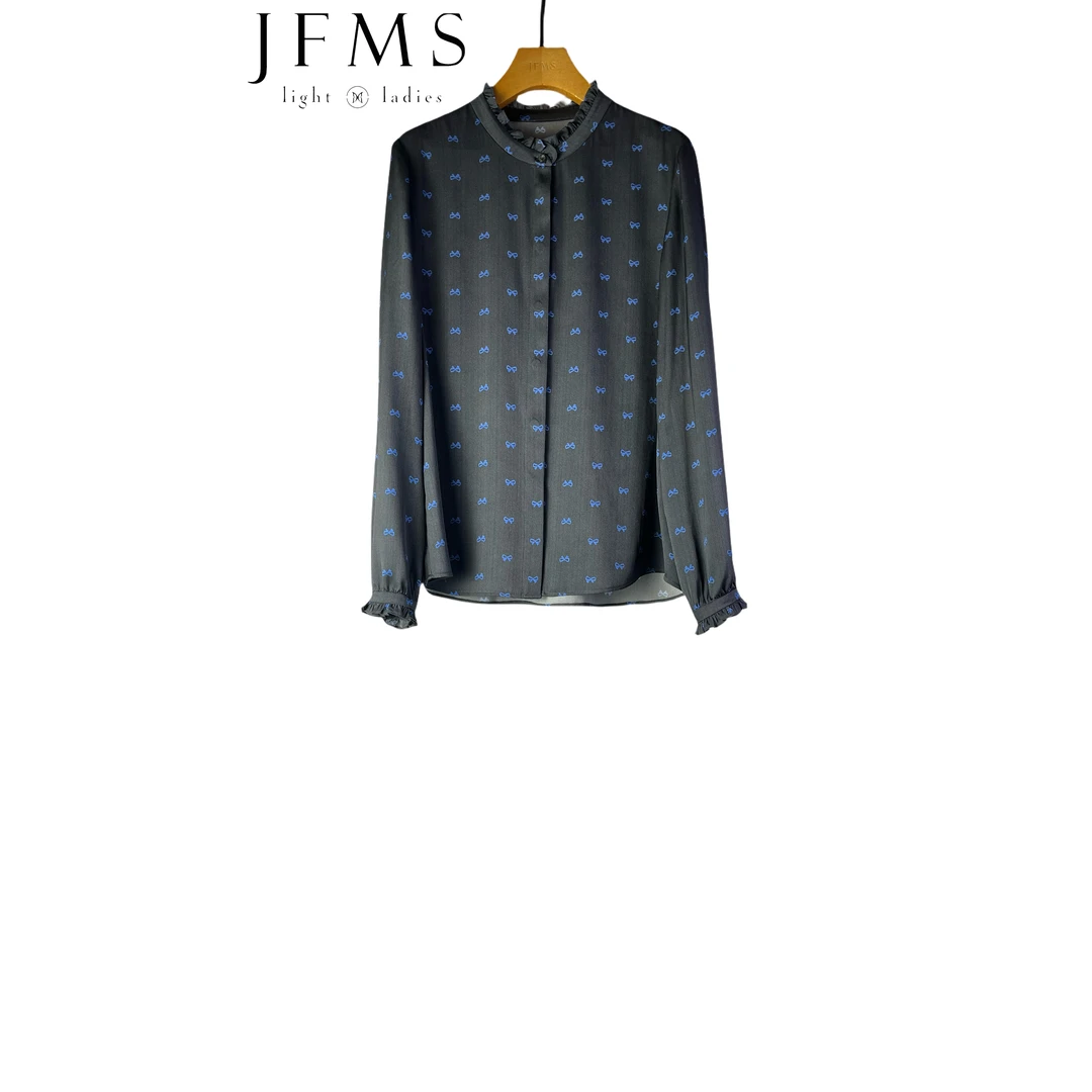 JFMS2025新款蝴蝶结蓝色气质桑蚕丝小衫S027上衣长袖时尚衬衫衬衣