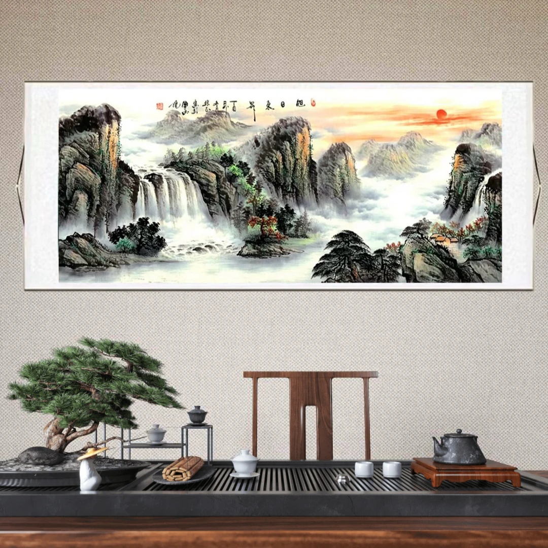 旭日东升尺寸2米15✖️70厘米已装裱六尺山水客厅沙发挂画聚宝盆