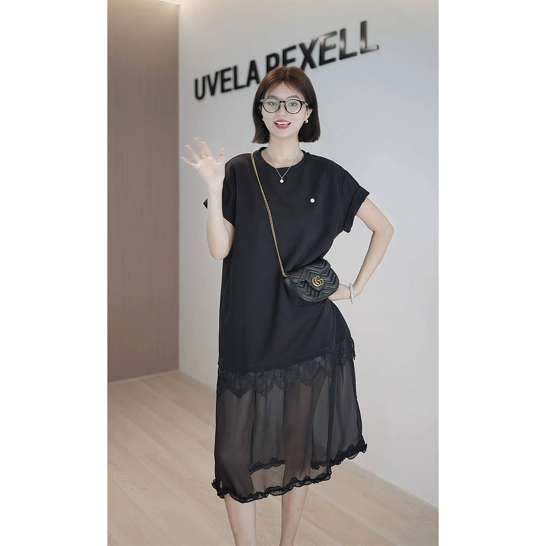 裙子休闲风女装夏季蕾丝不褪色短袖显瘦黑色连衣裙