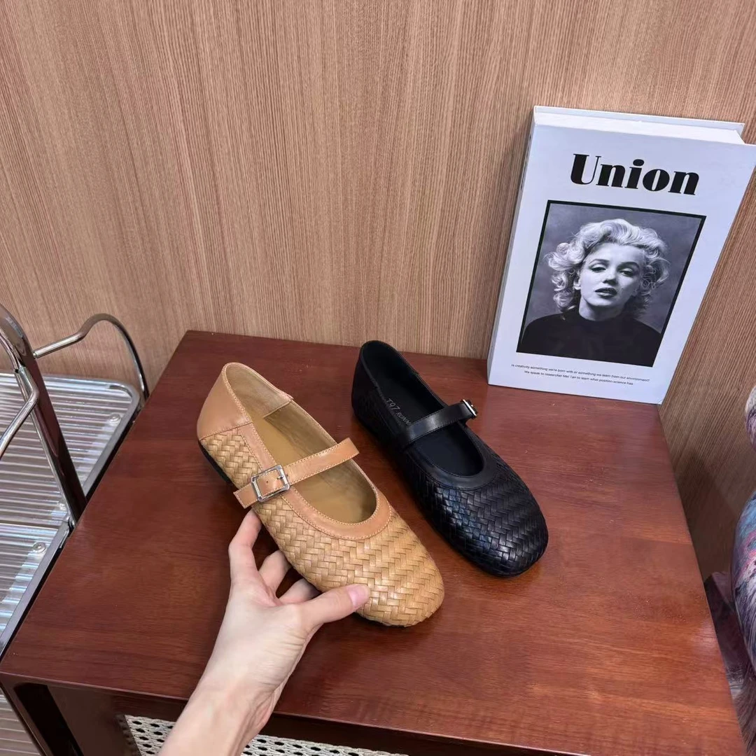 2025春夏季设计师百搭一字带玛丽珍编织圆头低跟舒适女鞋zw2556
