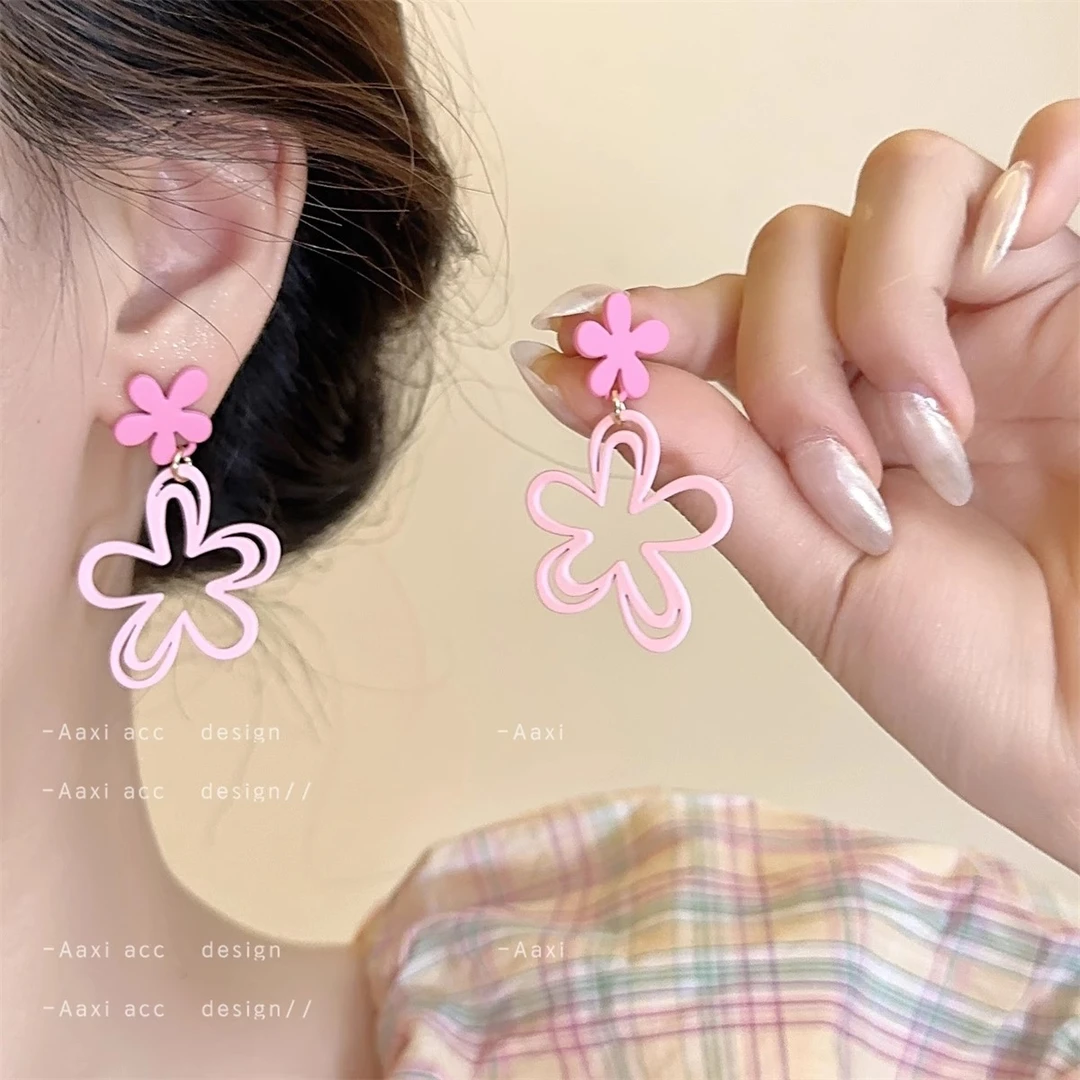 合金耳饰 少女甜美多巴胺玫粉色花朵耳环耳饰女气质百搭网红耳钉