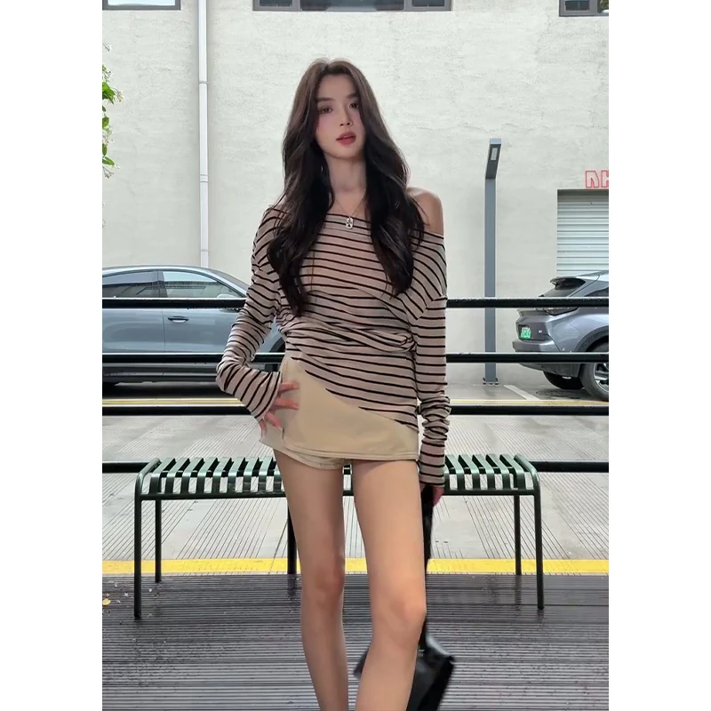 A2091#夏季韩系穿搭修身露肩条纹薄款上衣设计感高腰显瘦半身裙
