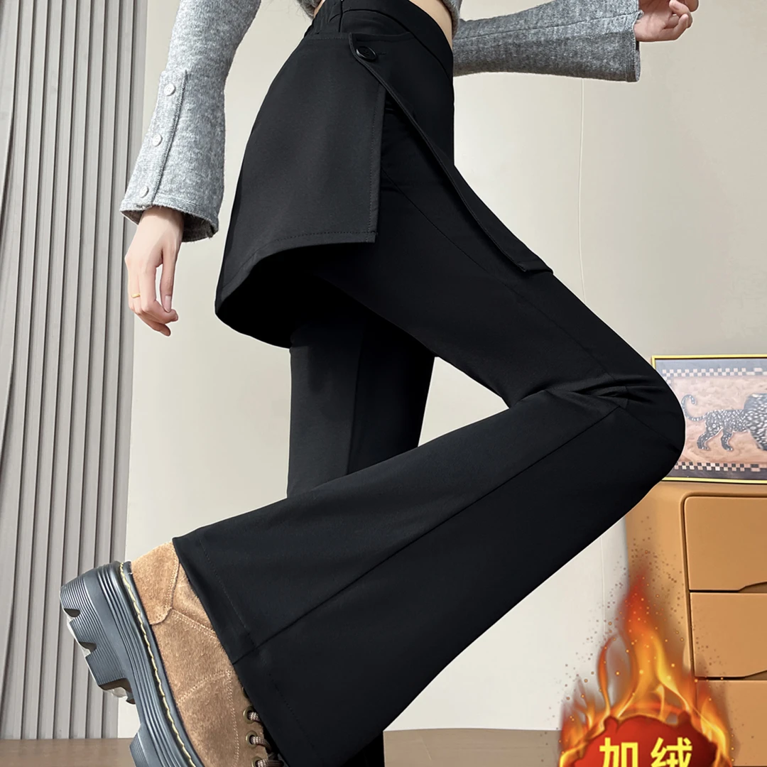 拉夏贝尔黑色西装微喇裤女冬季加绒假两件屁帘遮屁股马蹄喇叭裤子