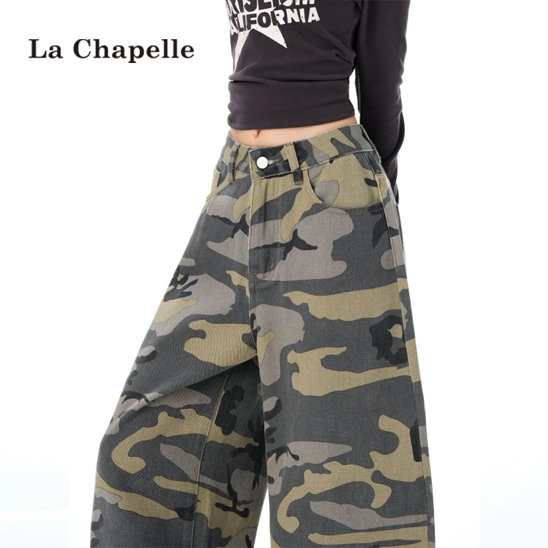拉夏贝尔迷彩工装阔腿牛仔裤女秋季新款高腰慵懒风宽松拖地直筒裤