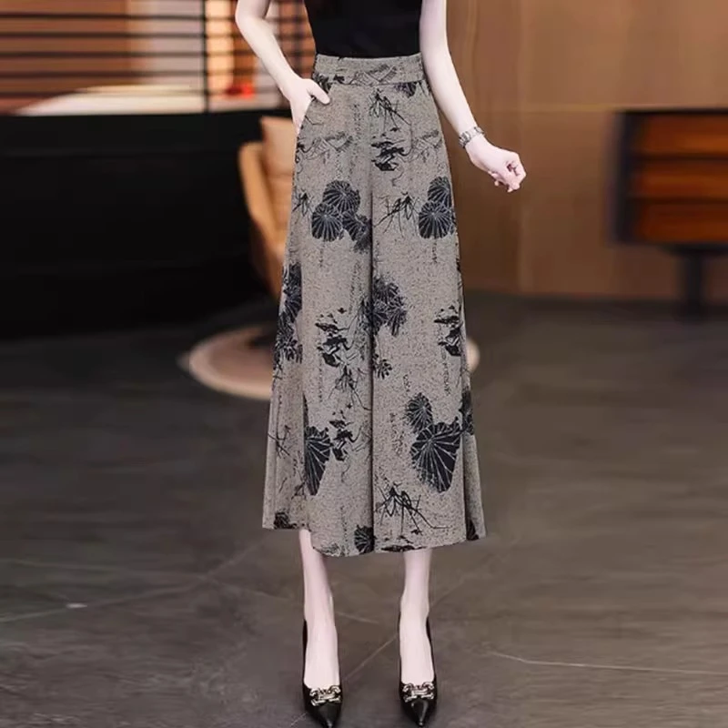 裙裤女夏季高腰显瘦2025新款宽腿裤垂感冰丝雪纺松紧腰八分阔腿裤