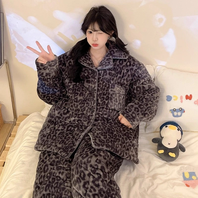 冬季珊瑚绒三层夹棉加厚豹纹睡衣女士高级感家居服套装冬天可外穿