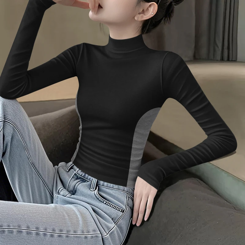 秋冬新款半高领撞色长袖女黑拼暗灰显瘦修身打底上衣服小个子女款