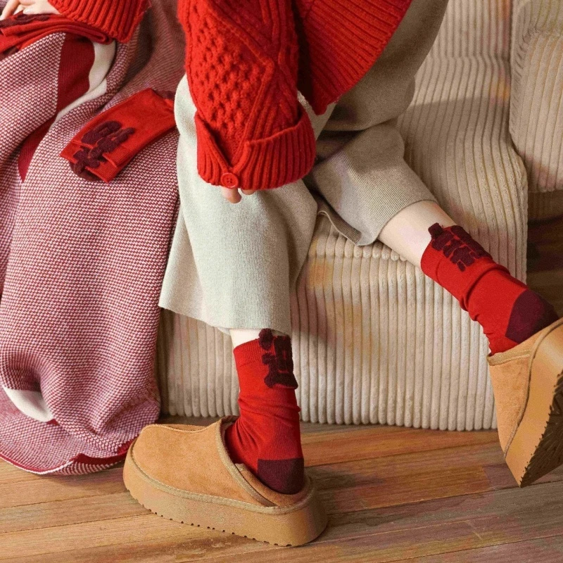 马年本命年女款爆款2025新款大红袜子女纯棉中筒袜秋冬情侣长袜