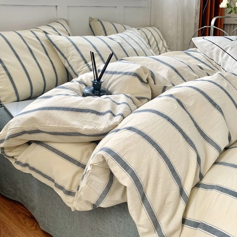 A类简约条纹水洗棉纯棉四件套全棉床上用品被套床单三件套