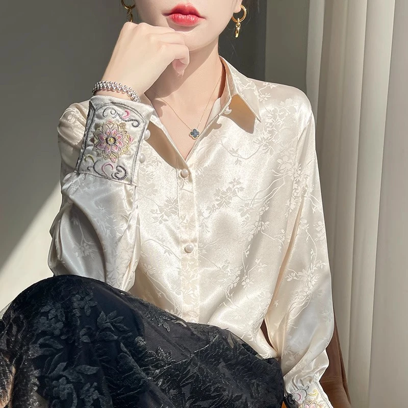 国风缎面提花衬衫女装2025新款春夏新中式穿搭设计感气质长袖衬衣