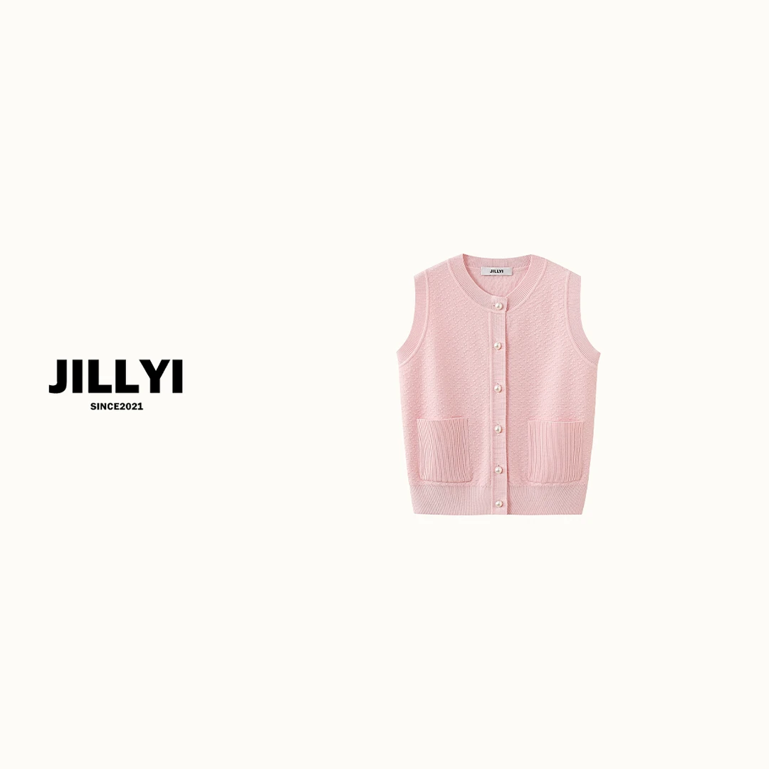 JILLYI南山店【落樱珍珠】粉色珍珠扣针织上衣小香风时尚夏季圆领
