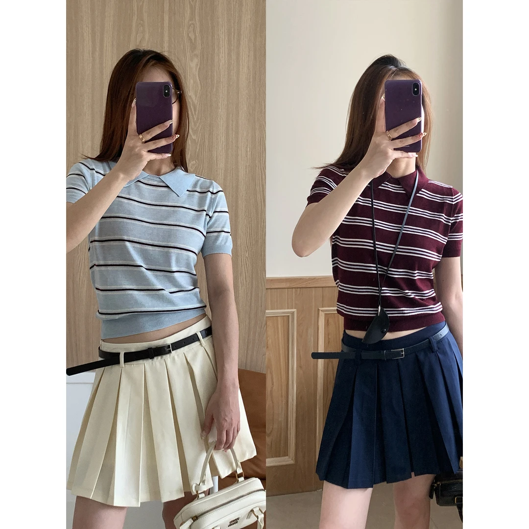 勇敢宅基地宅女同款25s 双色条纹polo针织上衣/修身短款显瘦高腰