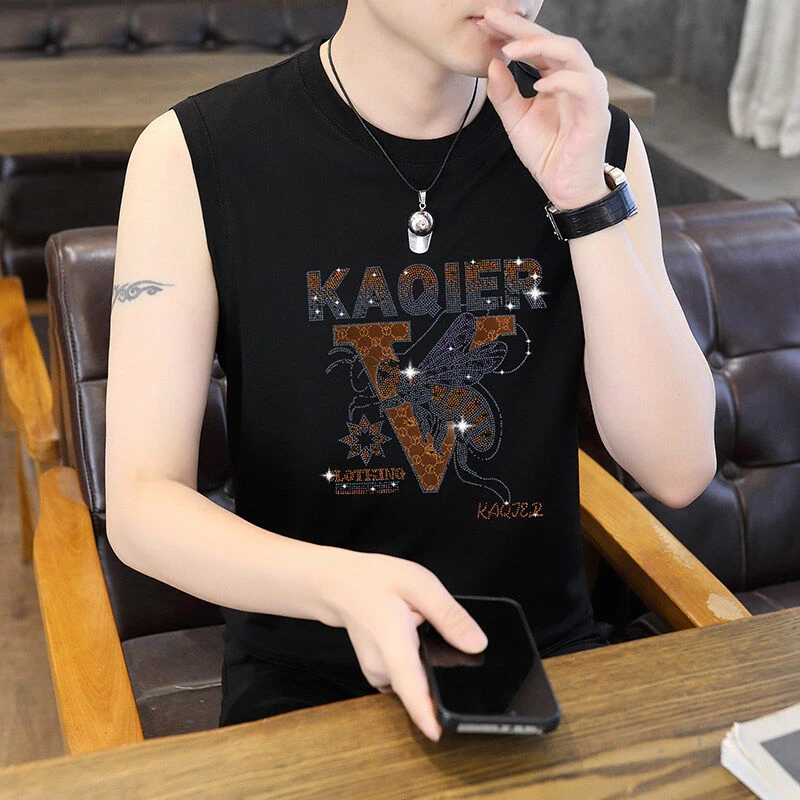 丝光棉背心男士打底衫宽松休闲透气坎肩潮流印花无袖T恤B622