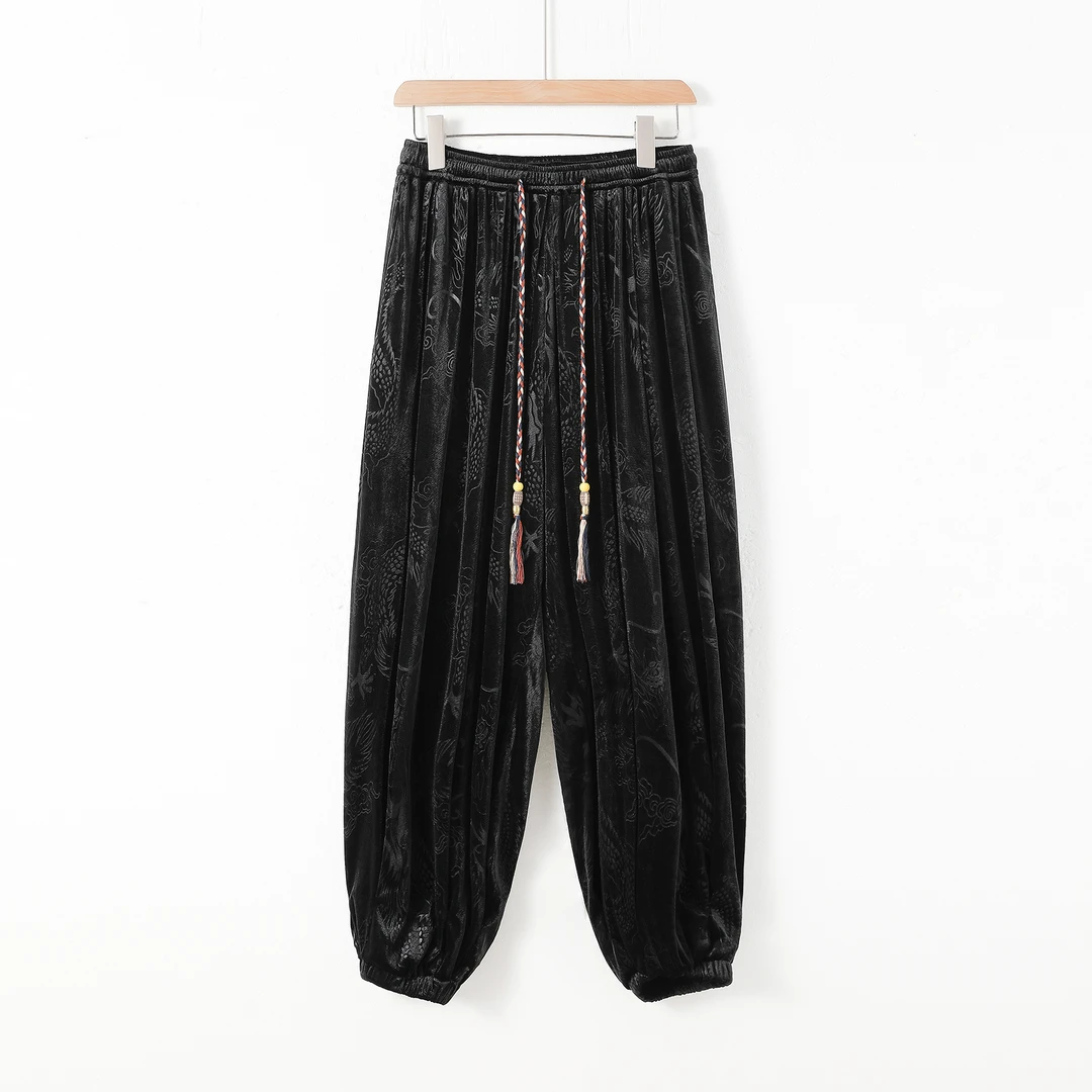 黑色金丝绒灯笼哈伦裤男秋季中国风龙纹提花运动裤大码宽松阔腿裤