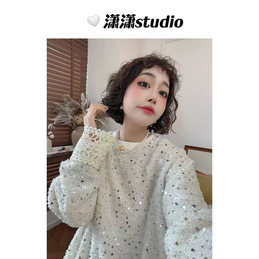 【闪爆全场】潇潇自制定制毛绒绒亮片面料圆领百搭打底衫XS2295