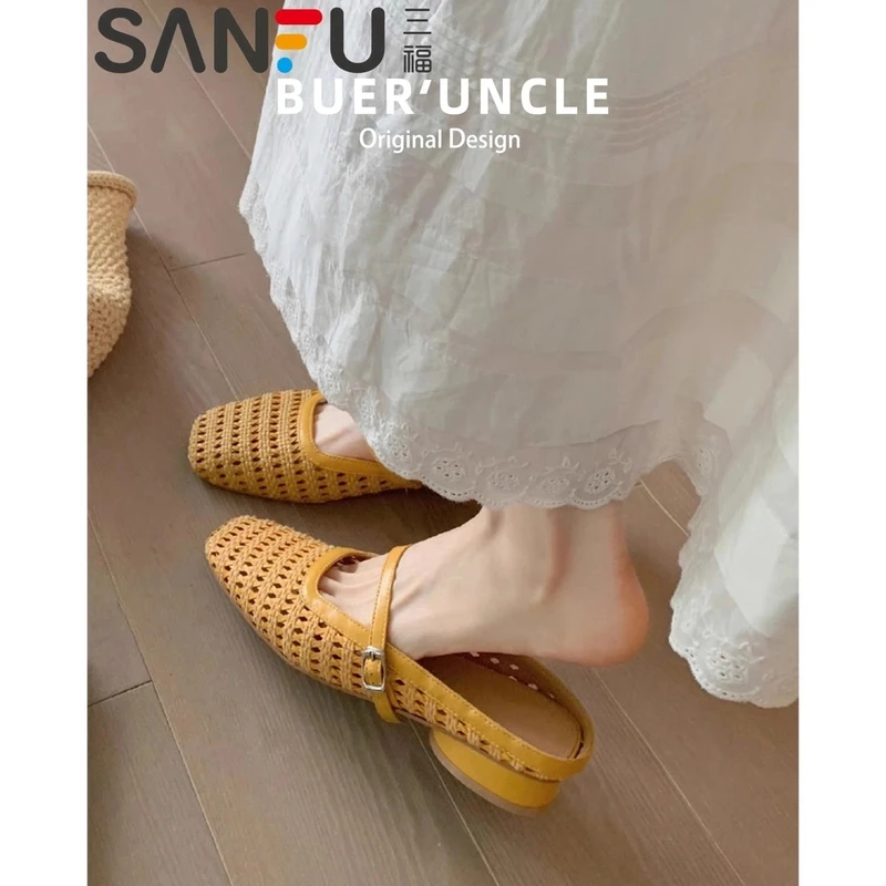 品牌4cm内增高包头半拖女2025夏粗跟编织镂空玛丽珍凉拖鞋女外穿